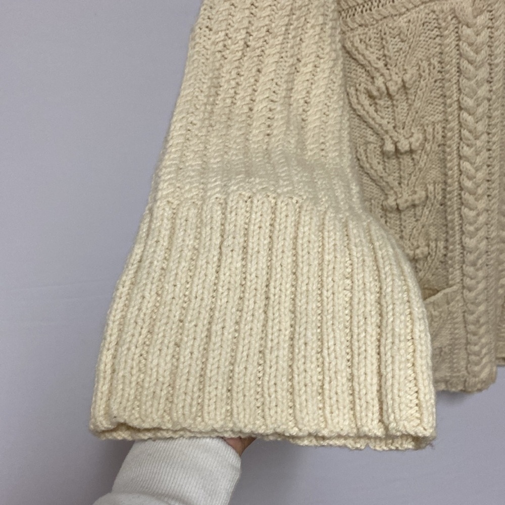 Hand Knit Wool Cable Hoodie Sweater Cream Chunky Flared Cuff Cottage Core Medium - Picture 7 of 12